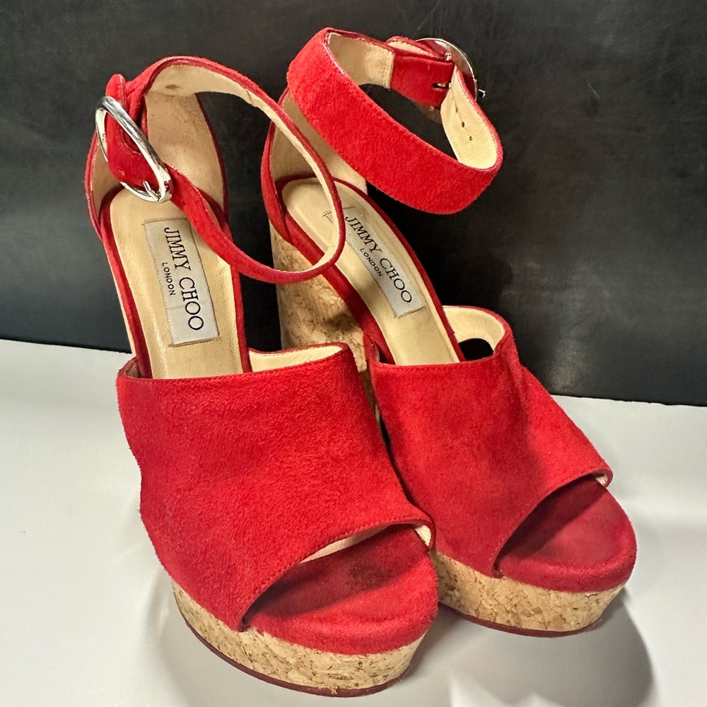 Jimmy Choo Vibrant Red Platform Sandals- suede cork shoes with silver buckle